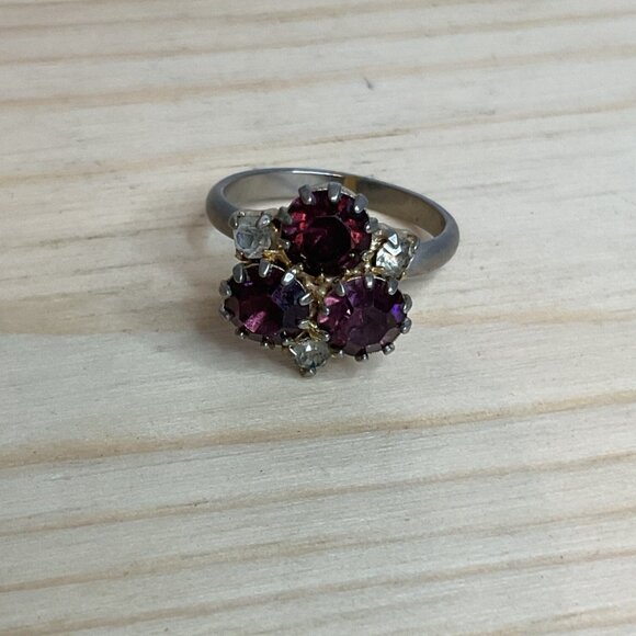 Silver Tone Prong Set Diamond and Garnet Rhinestone Raised Ring - Picture 6 of 7